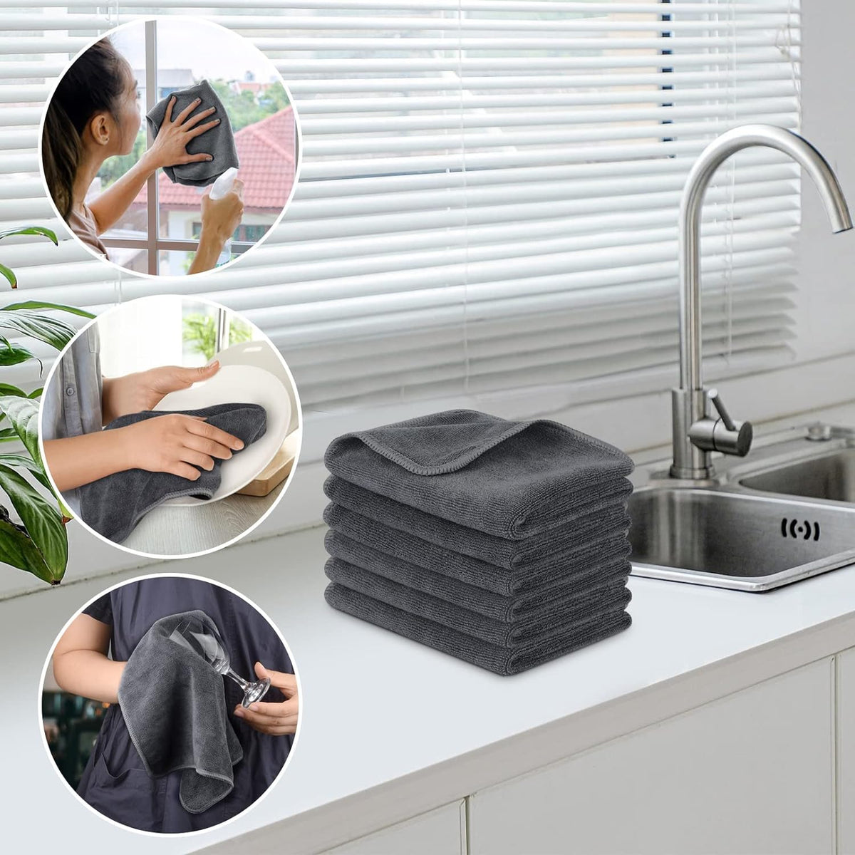 Microfiber Cleaning Cloth, 12X12 Inch, Slate Grey, 6 Pack
